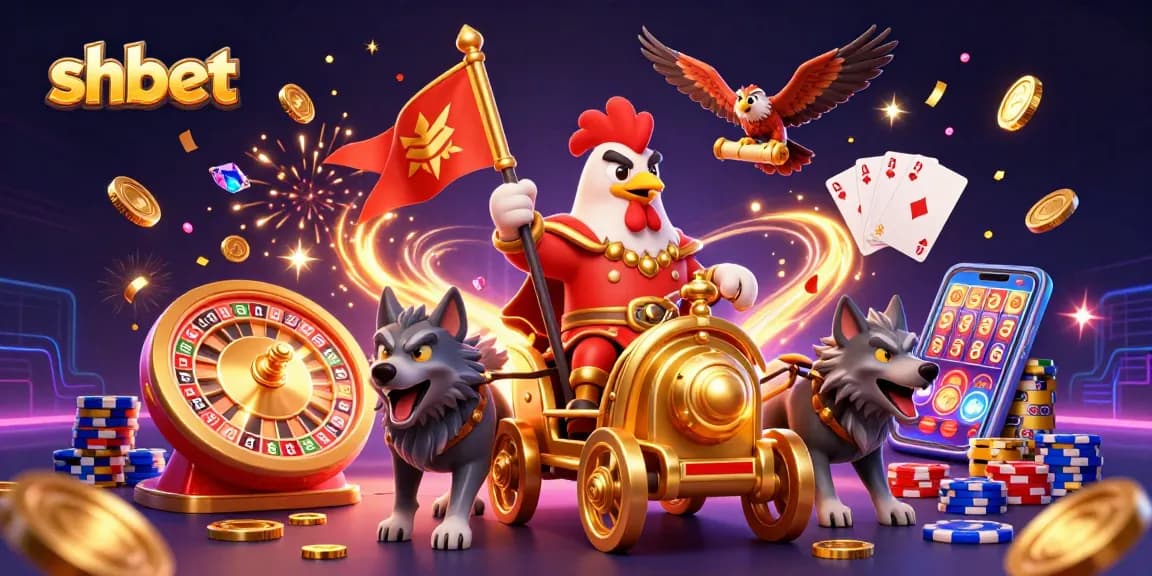 Spin with shbet as the rooster warlord conquers the online casino realm, surrounded by golden prizes.