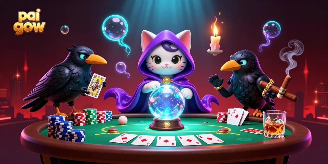 Pai Gow fortune teller cat and raven illustrate strategic gameplay in an engaging casino scene.