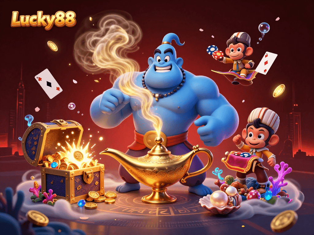 Engage with Lucky88's vibrant casino experience featuring a genie, monkey, and poker chips in a magical scene.