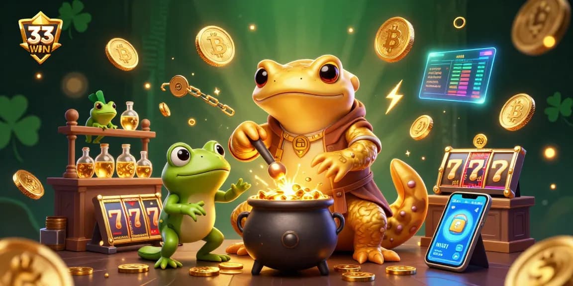 Engage in thrilling gameplay at 33WIN with a magical casino scene featuring vibrant gold and crypto elements.