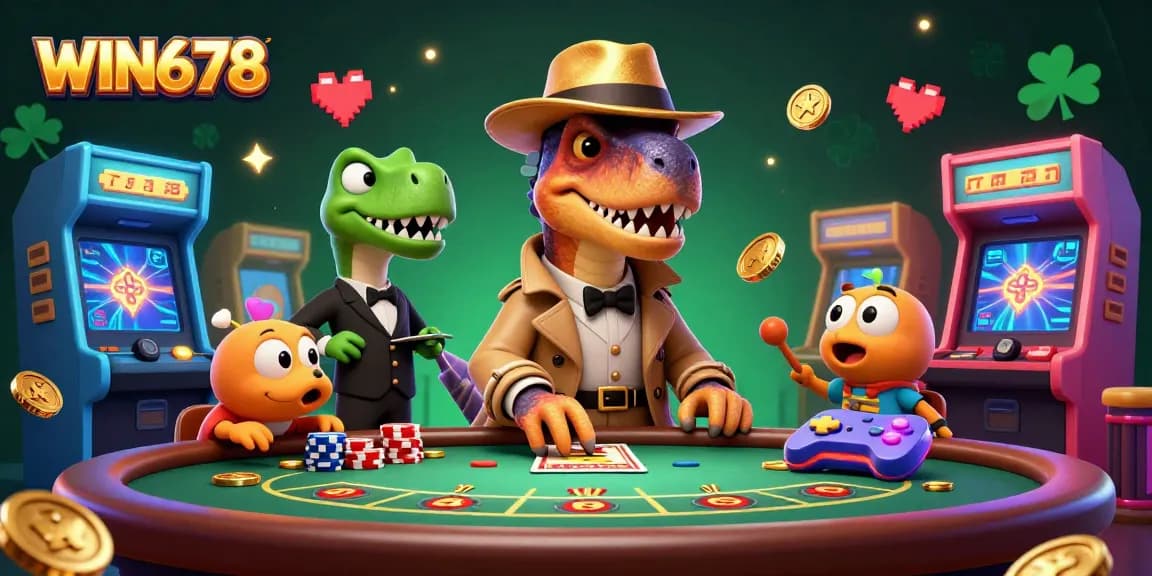 BET big with WIN678 in a vibrant casino scene featuring animated characters and games.