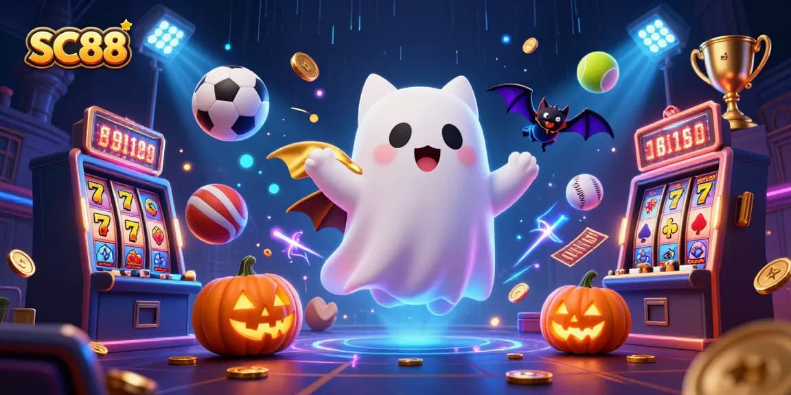 Experience thrilling gaming at SC88 with a ghost cat and vibrant casino elements.