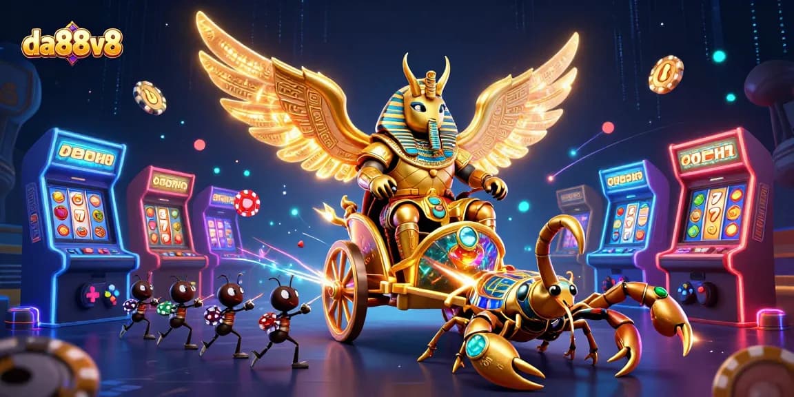 Engaging da88v8 illustration with a golden beetle and vibrant casino elements to inspire players.
