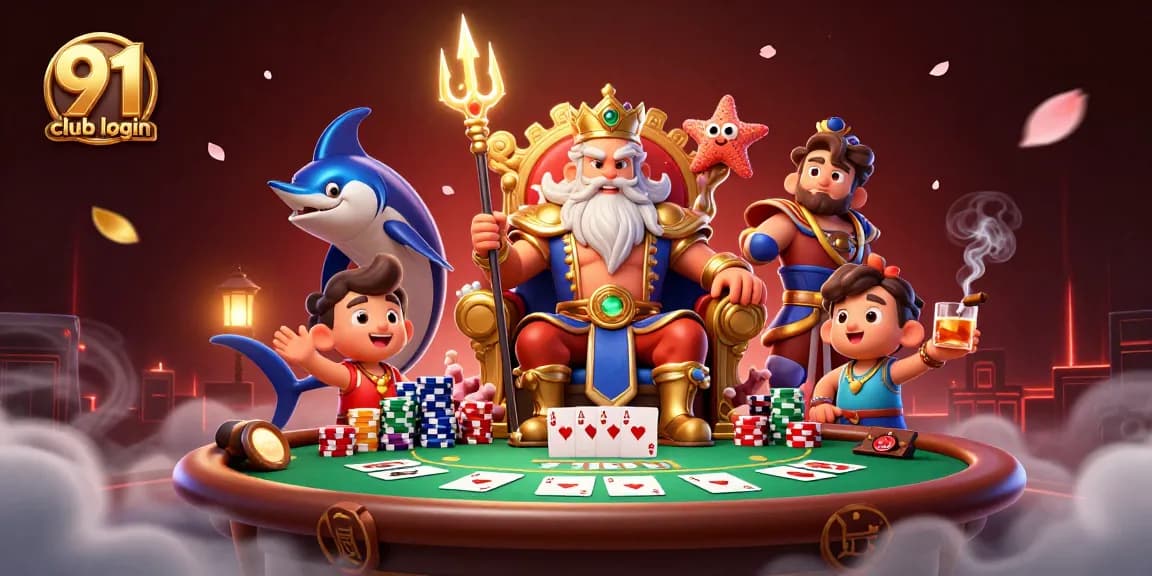 Engage with 91 club login through a vibrant casino scene featuring Neptune, poker elements, and dynamic gameplay.