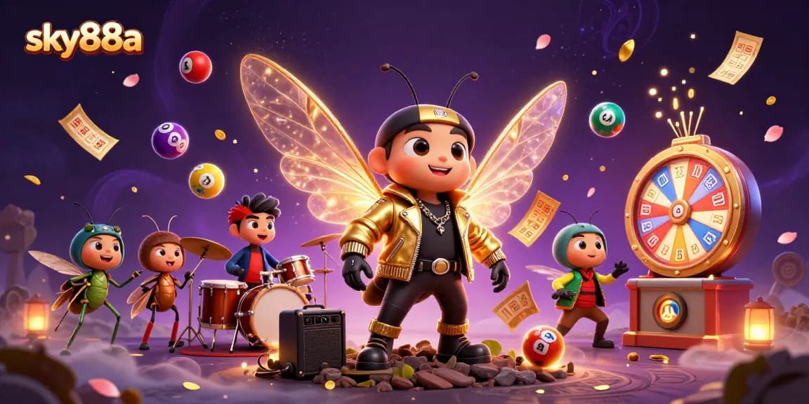 Engage with sky88a's thrilling casino experience featuring a 3D cartoon cicada rock star and vibrant game elements.