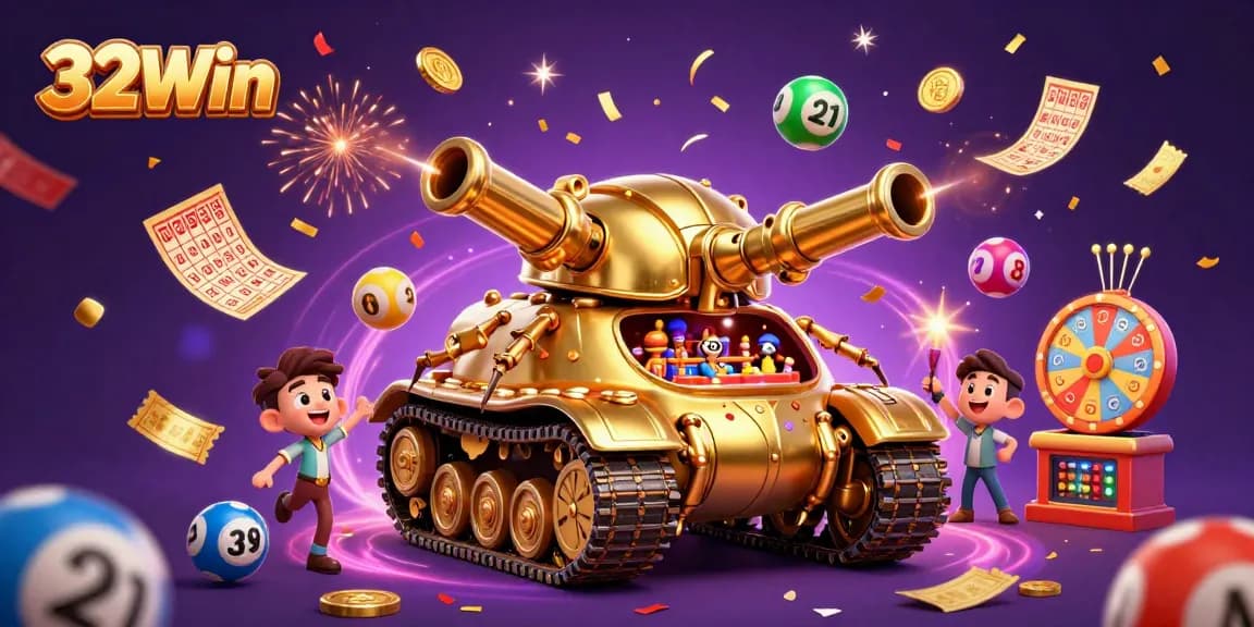 Experience the thrilling mini-casino world of 32Win within a golden beetle tank surrounded by vibrant games.