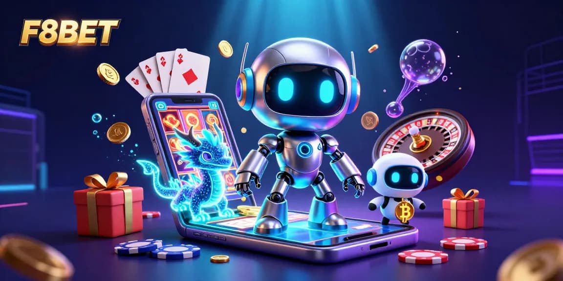 Engage with F8BET's thrilling casino experience through a vibrant 3D illustration showcasing exciting gaming elements.