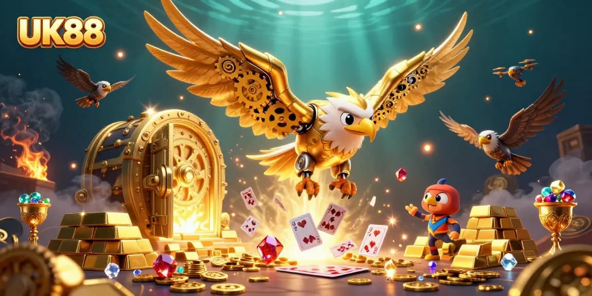 Engage with UK88’s immersive gaming experience through an action-packed illustration of a golden eagle.