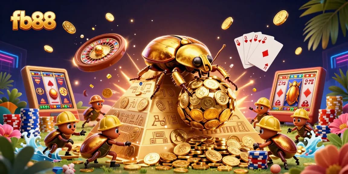 Experience fb88 with a stunning casino scene featuring golden coins, beetles, and dynamic game elements.