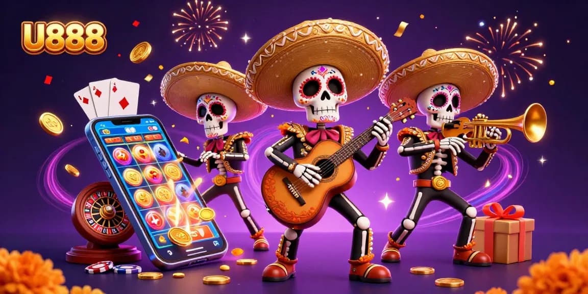 Engage with U888's vibrant gaming experience featuring a mariachi band and casino elements.