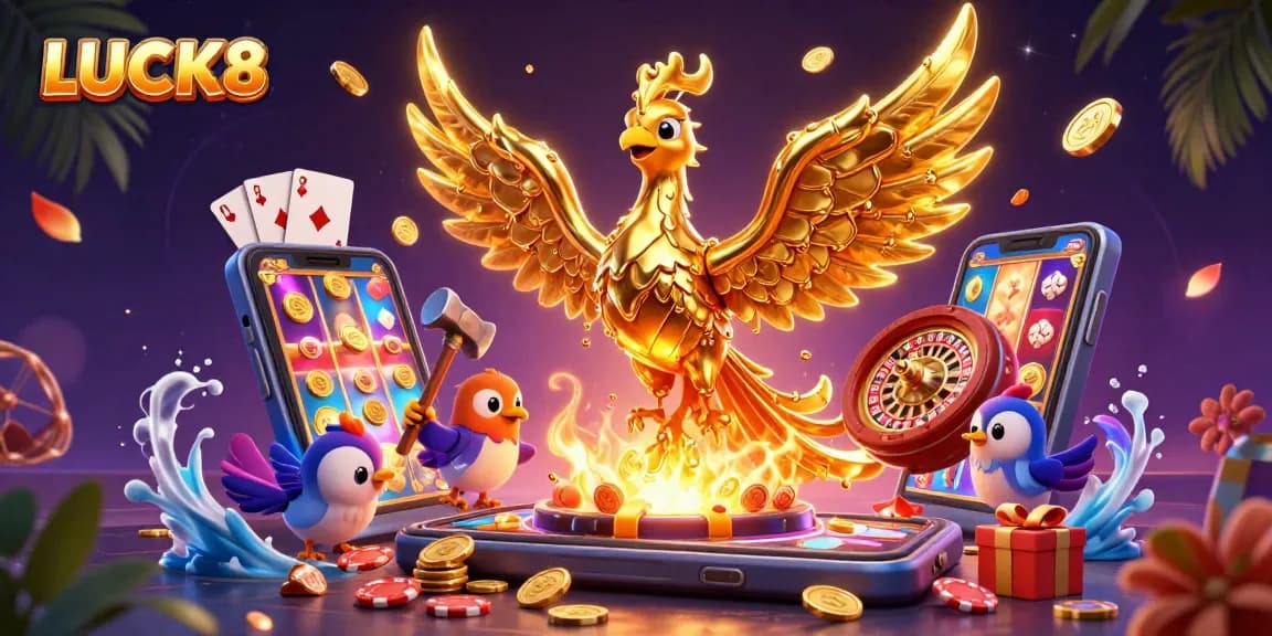 LUCK8 captures thrilling moments with a molten gold phoenix and casino gaming elements.