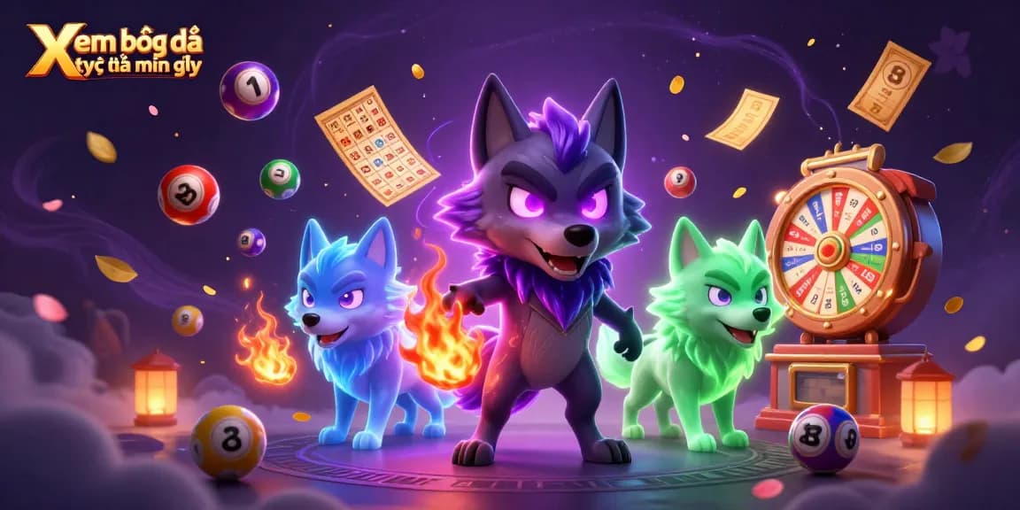 Experience Xem bóng đá trực tiếp miễn phí with glowing wolves and classic casino elements in vibrant 3D graphics.