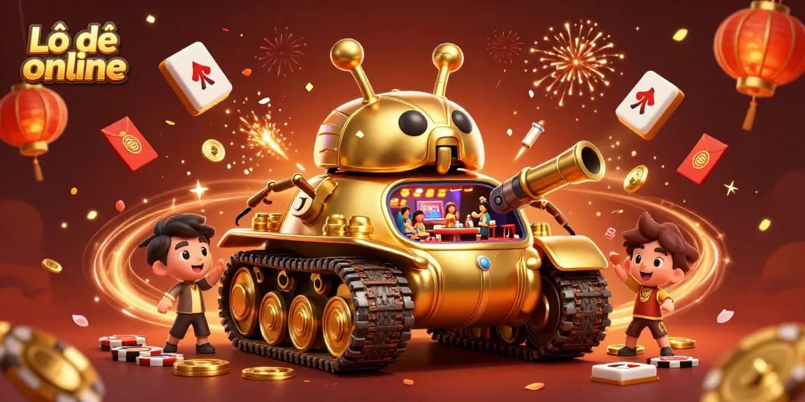 Engage with Lô đề online through this vibrant 3D casino illustration showcasing a golden beetle tank, lively game elements, and festive decorations.