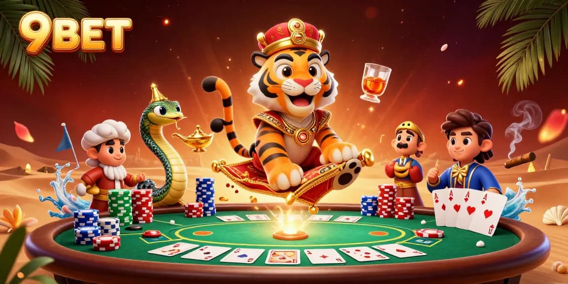 Engage in exciting gaming action at 9BET with vibrant poker chips and a golden palace backdrop.