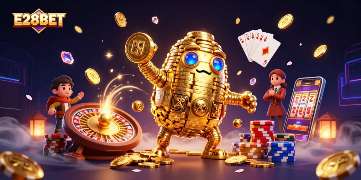 E28BET showcases a dynamic 3D casino scene with a golden golem, roulette, and sparkling gems.