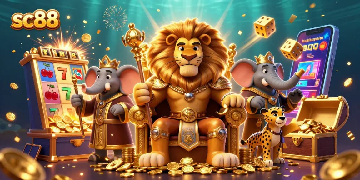 Experience thrilling wins with sc88 in this vibrant casino scene featuring a lion king and slot machine.