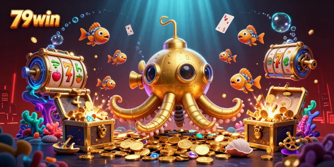Engage with 79win's dynamic gaming world where a golden kraken submarine explores slot treasures.
