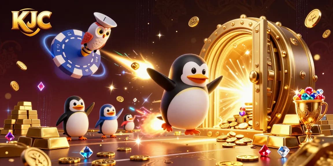 KJC's vibrant casino adventure featuring a golden penguin, treasure vault, and poker chip-shaped space station