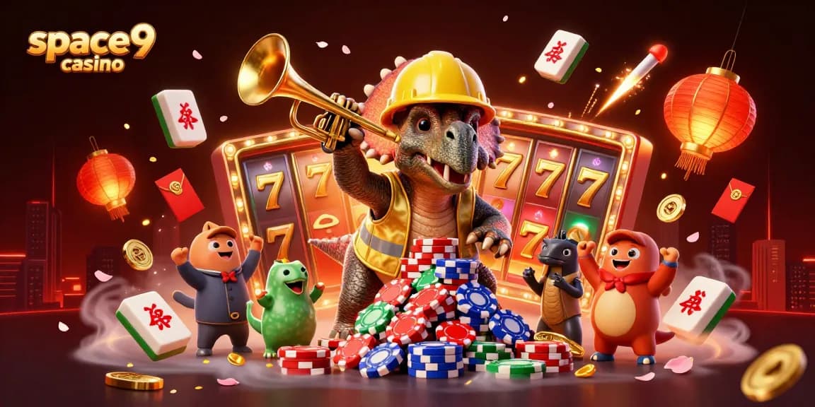 Celebrate winning at space9 casino with a vibrant 3D scene featuring colorful gaming elements and cheerful characters.