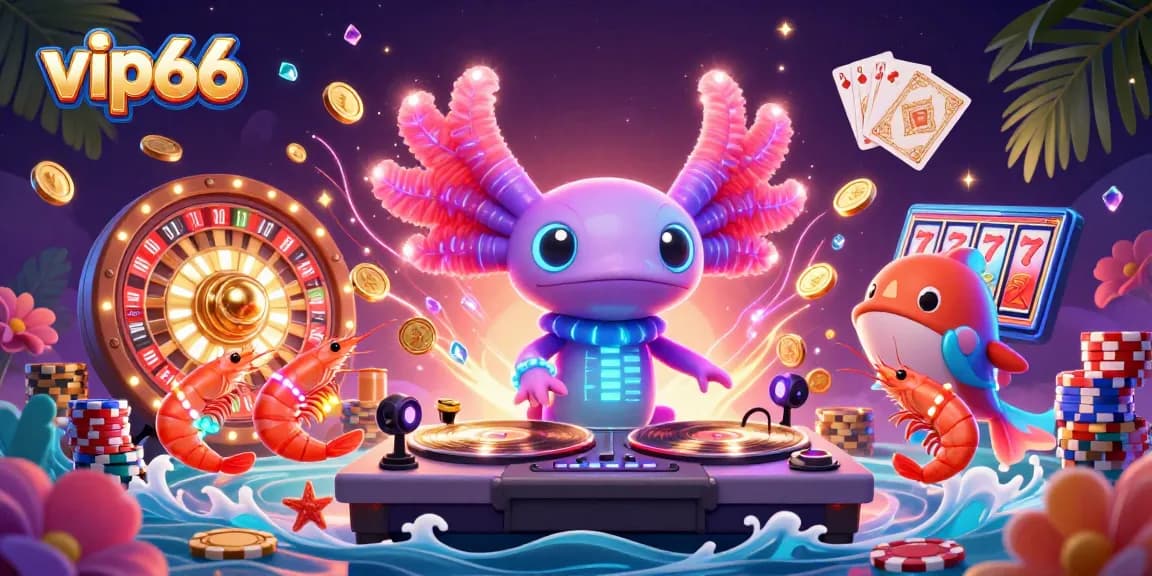 Experience vibrant gaming with vip66, featuring neon axolotl DJ, coins, and roulette action in a colorful 3D scene.