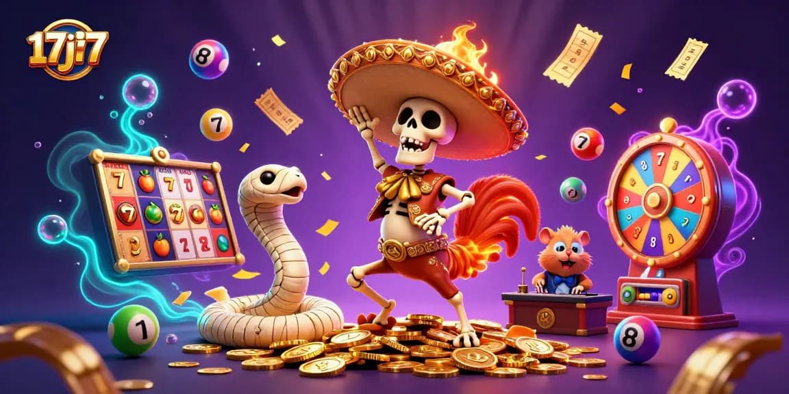 Experience the thrill of winning at 17j77 with lively characters celebrating amid vibrant casino themes.