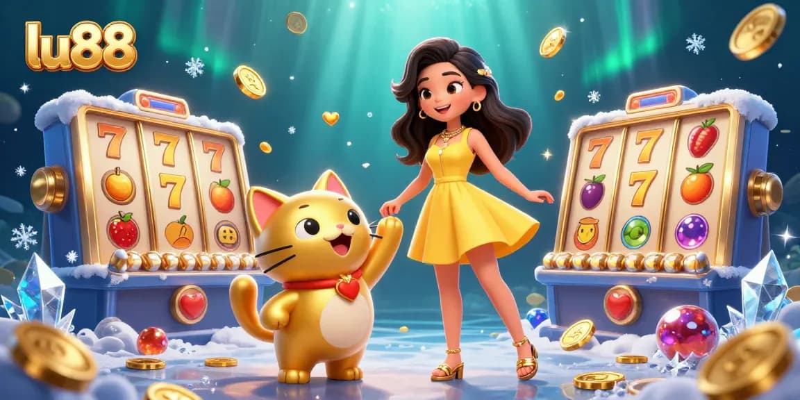 Spin to win with lu88's vibrant jackpots and lucky cats in a captivating casino scene.