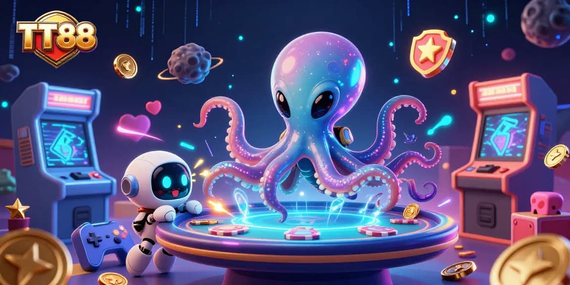 Engage in thrilling TT88 poker games with a vibrant alien octopus and robot in a cosmic casino.
