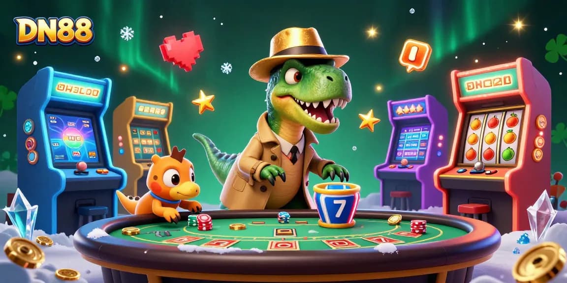 Experience thrilling gameplay at DN88 with cartoon dinosaurs enjoying blackjack, showcasing vibrant casino elements.