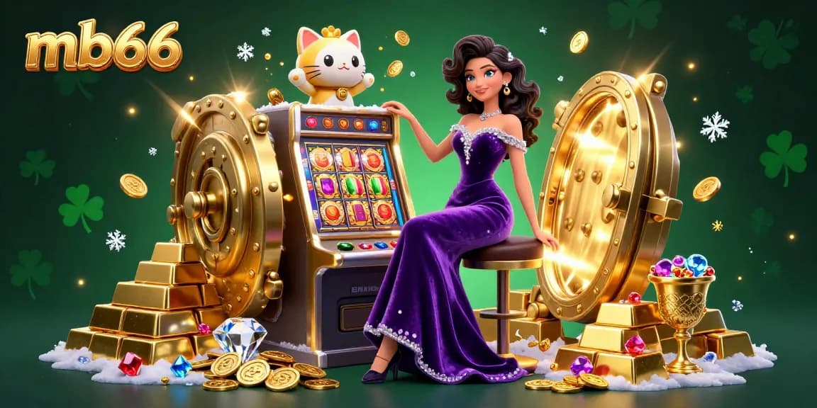 Experience excitement at mb66 with a stunning jackpot scene featuring a glamorous woman, fortune cat, and golden treasures.