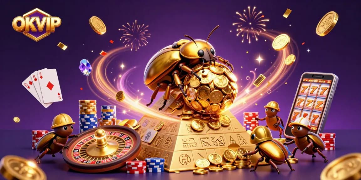 OKVIP promotes win potential in a lively 3D casino scene with golden coins and slot reels.