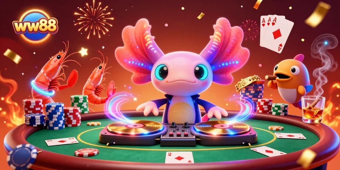 Spin and win at WW88 with vibrant poker gameplay and a lively casino atmosphere featuring a DJ axolotl.