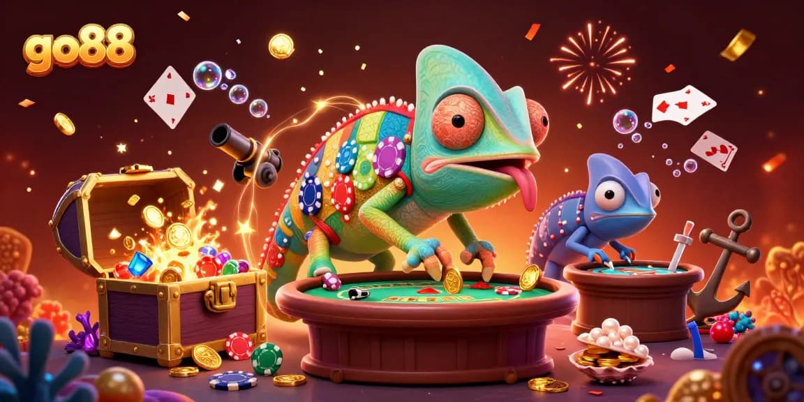 Engage with go88's vibrant casino world featuring a chameleon owner and dynamic game elements.