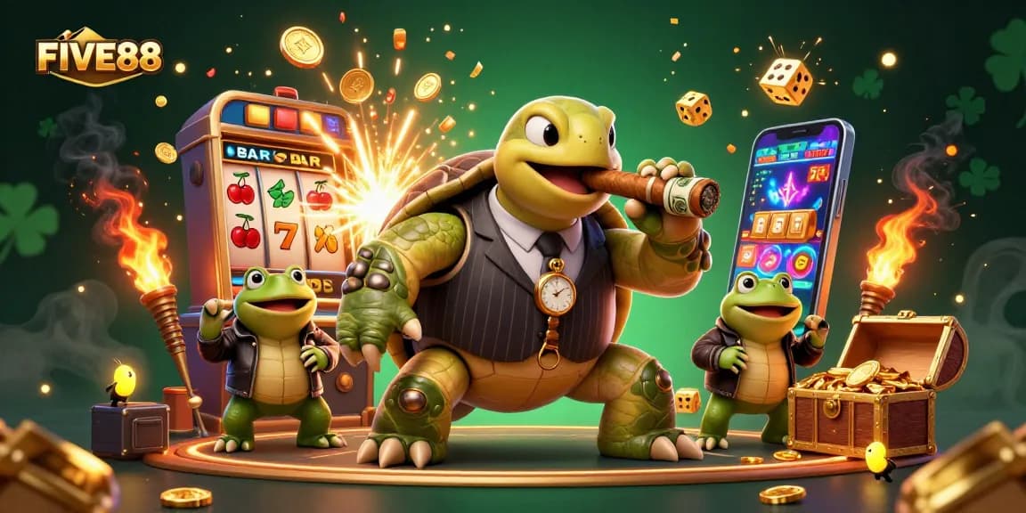 Win big with FIVE88 in a dynamic casino scene featuring a snapping turtle mascot and jackpot excitement.