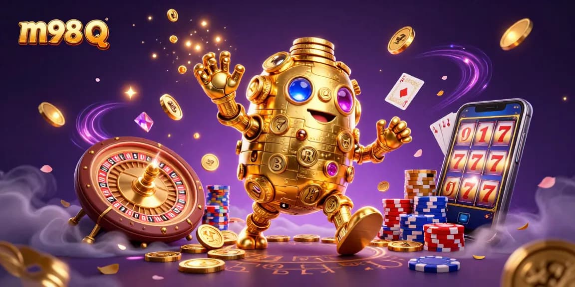 Experience the thrill of m98 q's casino gaming with a vibrant 3D illustration showcasing golden coins and gaming elements.