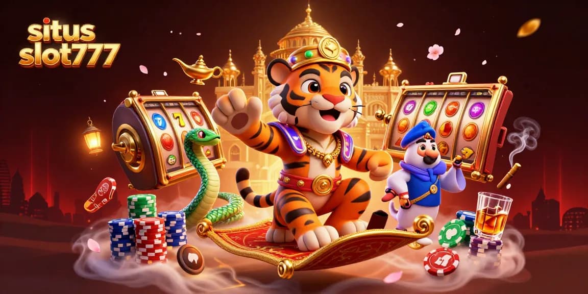 Situs slot777 features a 3D Arabian Nights-themed sultan, surrounded by dynamic slot game elements creating an immersive gambling experience.