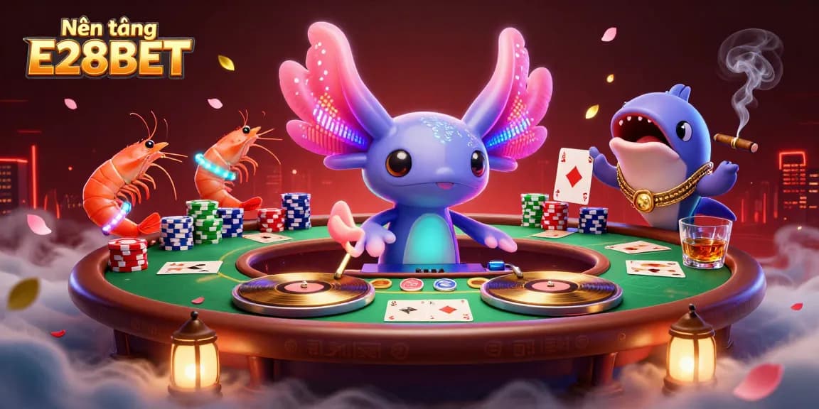 Engage in thrilling gaming at Nền tảng E28BET with vibrant cartoon action at an underwater casino.