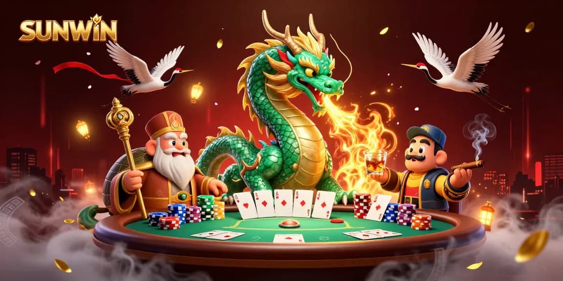 SUNWIN showcases vibrant 3D casino illustration with dragon, turtle sage, and crane amid dynamic poker scene.