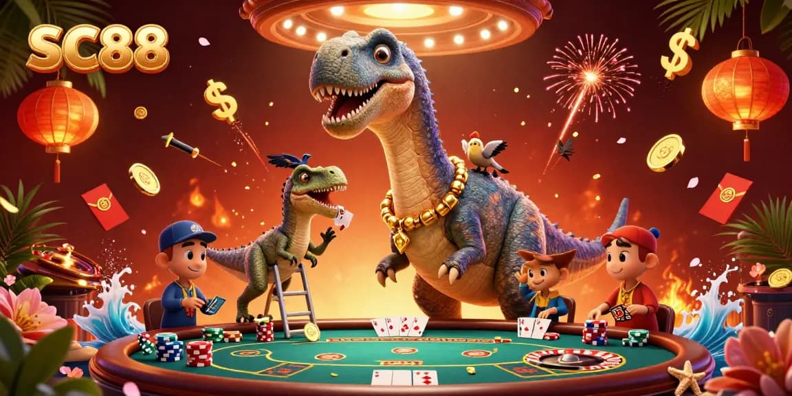 SC88 engages players with energetic poker fun featuring a humorous brontosaurus character.