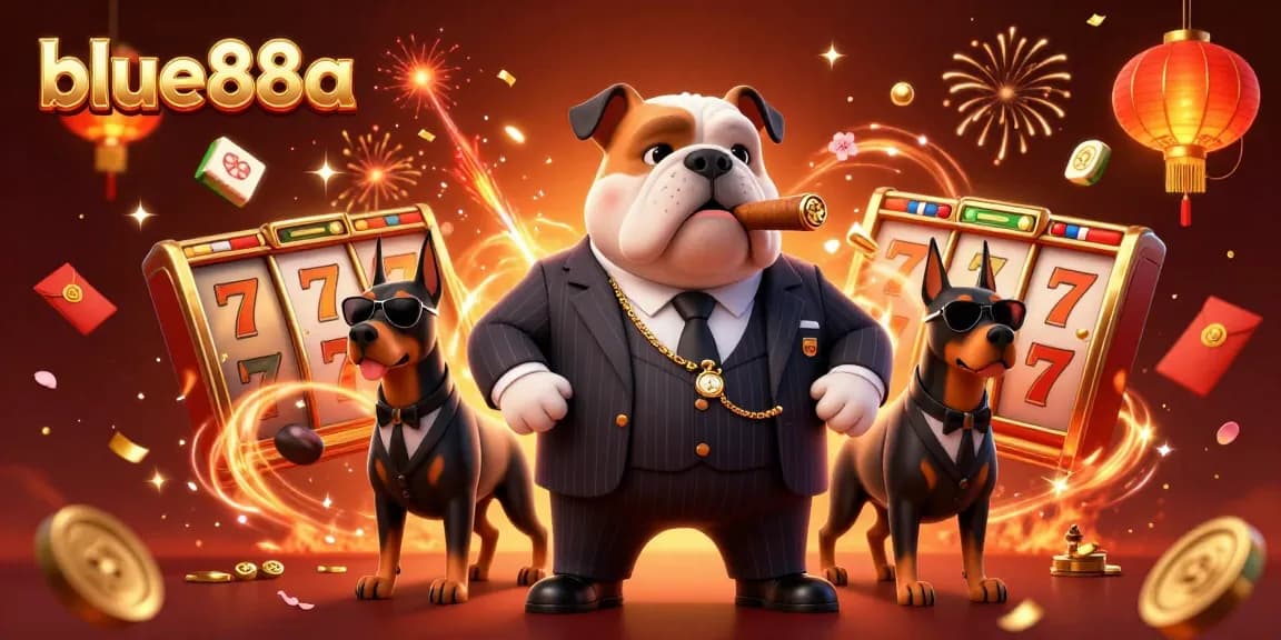 Experience exciting slots and jackpots with blue88a's thrilling 3D casino illustration featuring dynamic characters.