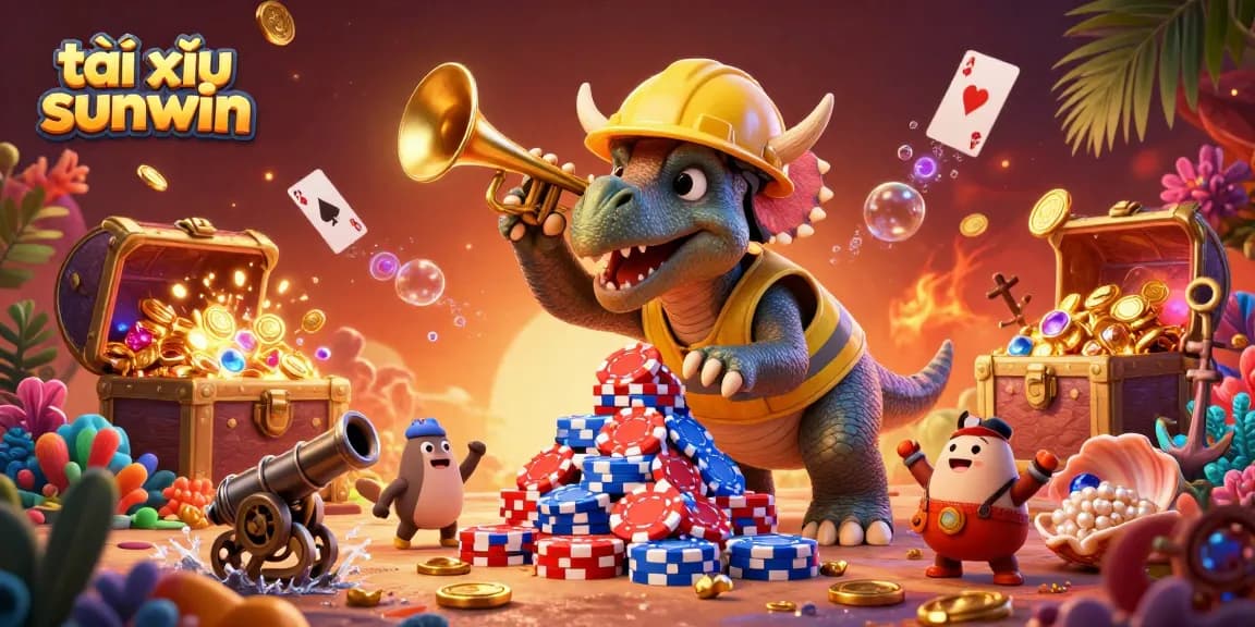 Join the excitement in tài xỉu sunwin as animated characters celebrate with poker chips amidst a vibrant casino backdrop.
