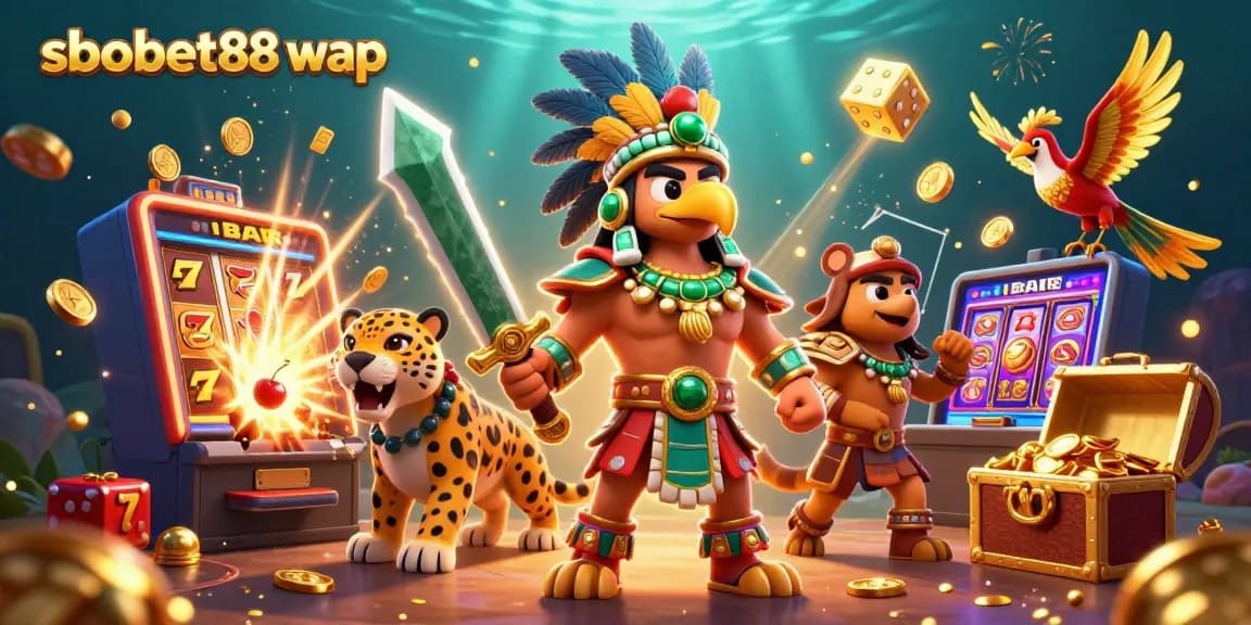 Experience the excitement of sbobet88 wap with a vibrant 3D casino scene featuring dynamic characters and slot elements.