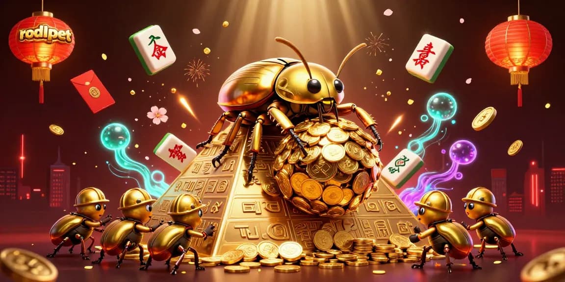 Rodipet features a golden beetle rolling coins, symbolizing winning strategies in online casinos.
