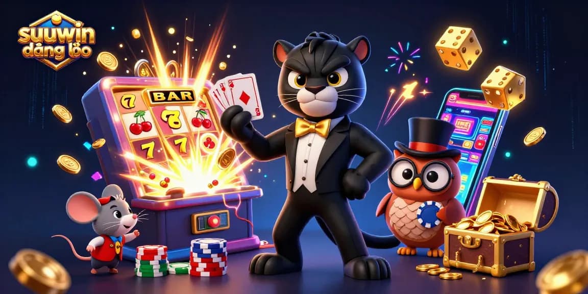 Enjoy a thrilling gaming experience with suuwin đăng nhập, featuring a stylish black panther, cute owl, and lucky mouse in a rich casino scene.
