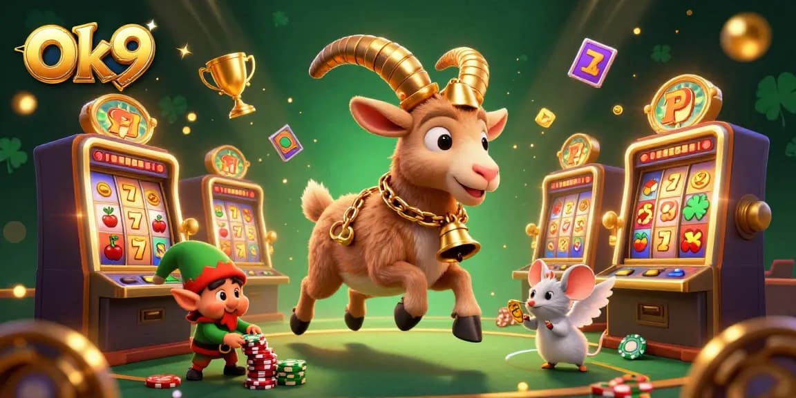 Ok9 captivates players in a vibrant, festive casino scene with dynamic slot games and lively characters.