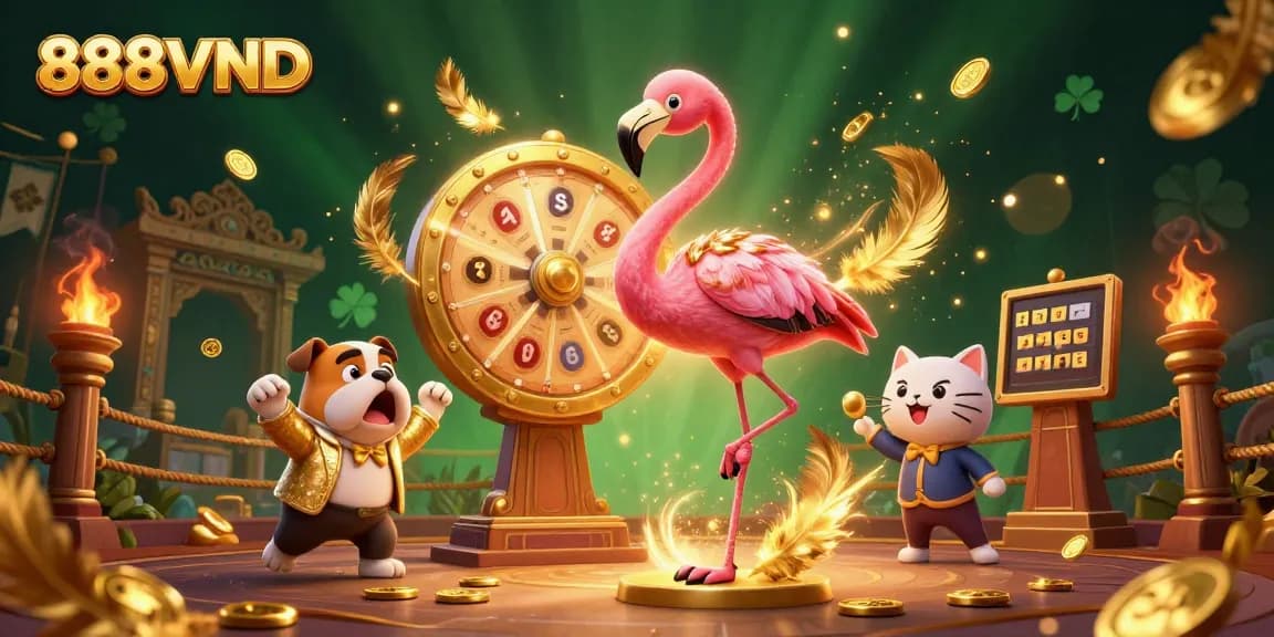 Experience the excitement of 888VND with our vibrant casino-inspired 3D illustration featuring a game show host, contestant, and prizes.