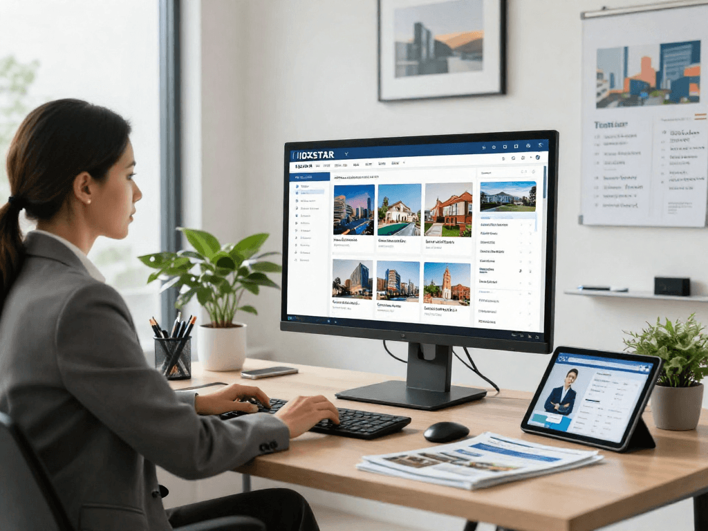 IDXSTAR real estate dashboard presentation in a modern office with a professional agent.
