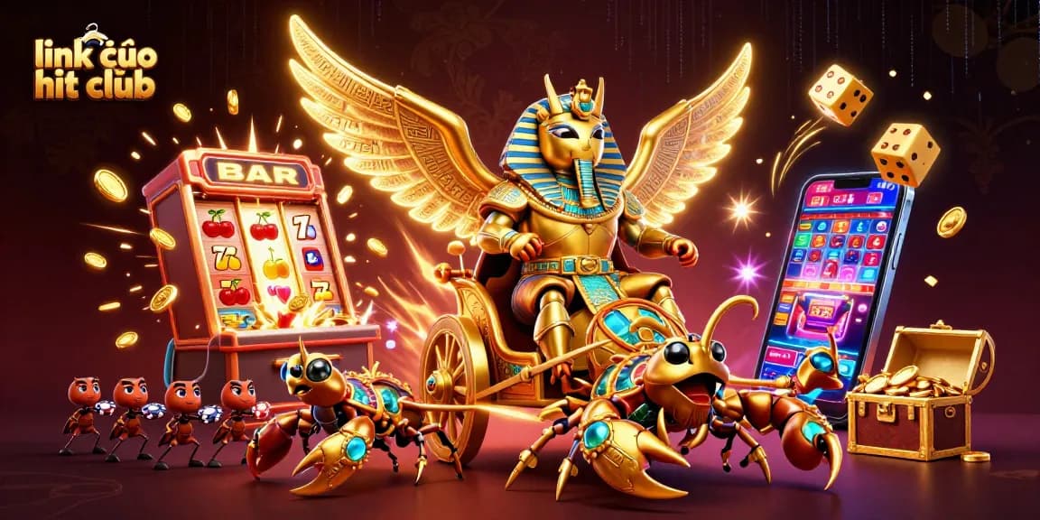 Join the excitement at link vào hit club with our colorful casino-themed illustration, featuring a golden scarab beetle and thrilling slot machines.
