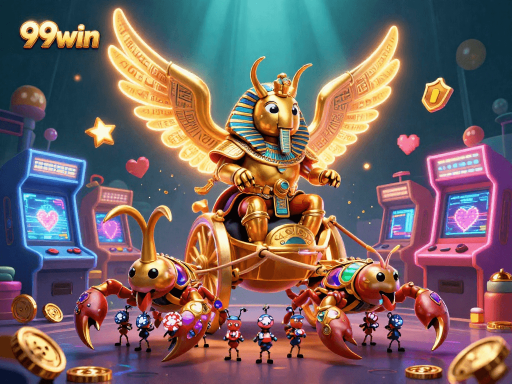 Experience thrilling gameplay with 99win's colossal scarab and scorpions in a dynamic casino scene