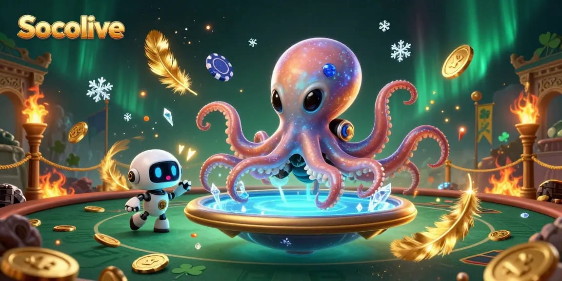 Socolive offers immersive poker gameplay with an alien octopus and robot in an exciting casino-themed scene.