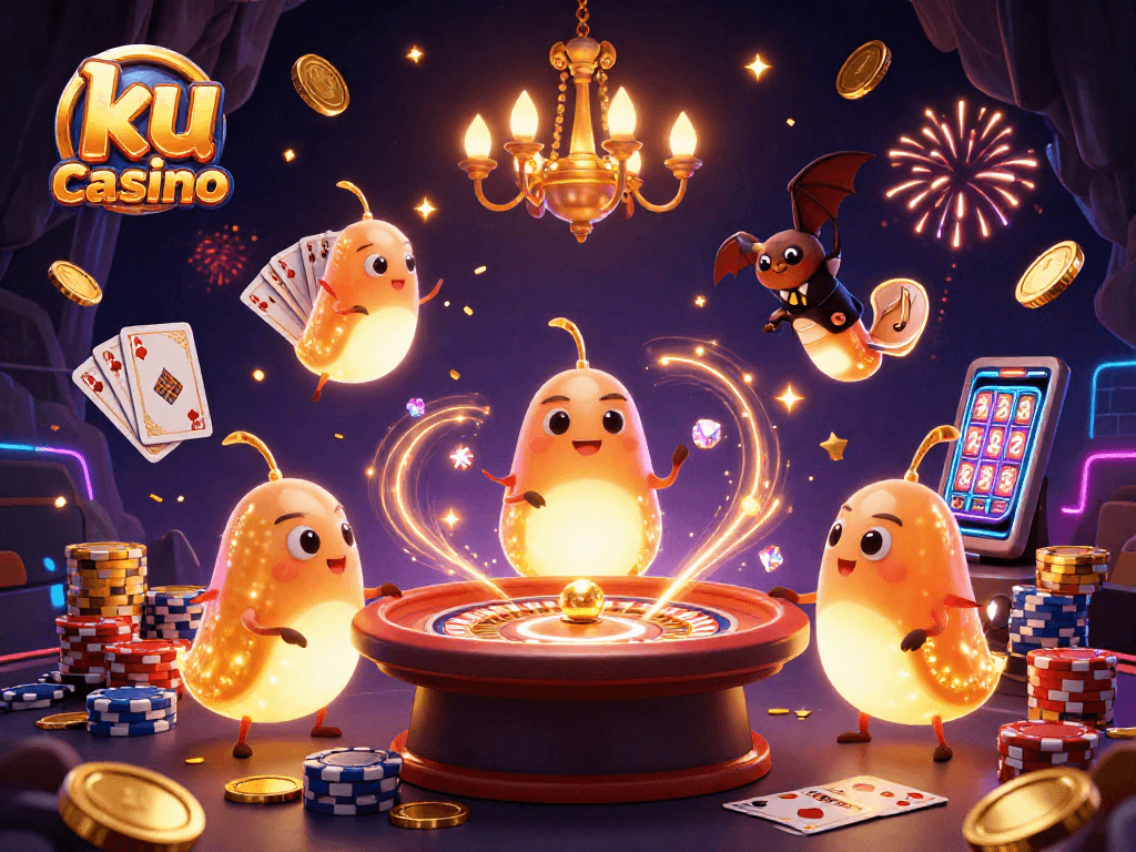 Join the fun at ku casino with thrilling gameplay in a vibrant 3D illuminated cave setting.